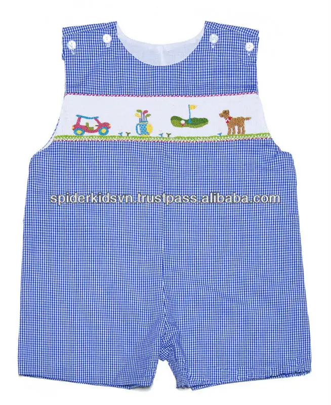 Baby Boy Royal Blue Gingham Smocked Golf Golf Shortall