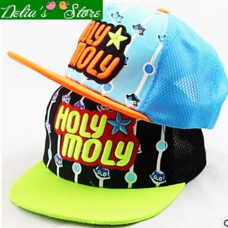 2016 New Fashion Summer Letter HOLY MOLY Patchwork Children Hip Hop Baseball Caps Sun Hats Mesh