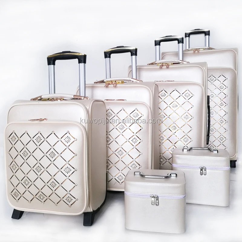 bright white color diamend cosmetic case 2 wheels pu leather suitcase set spinner wheeled luggage set 6 pieces