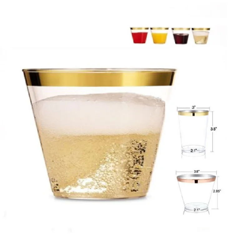 9 Oz  Gold rim Clear Plastic Cups Old Fashioned Tumblers Gold Rimmed Cups Fancy Disposable Wedding Cups