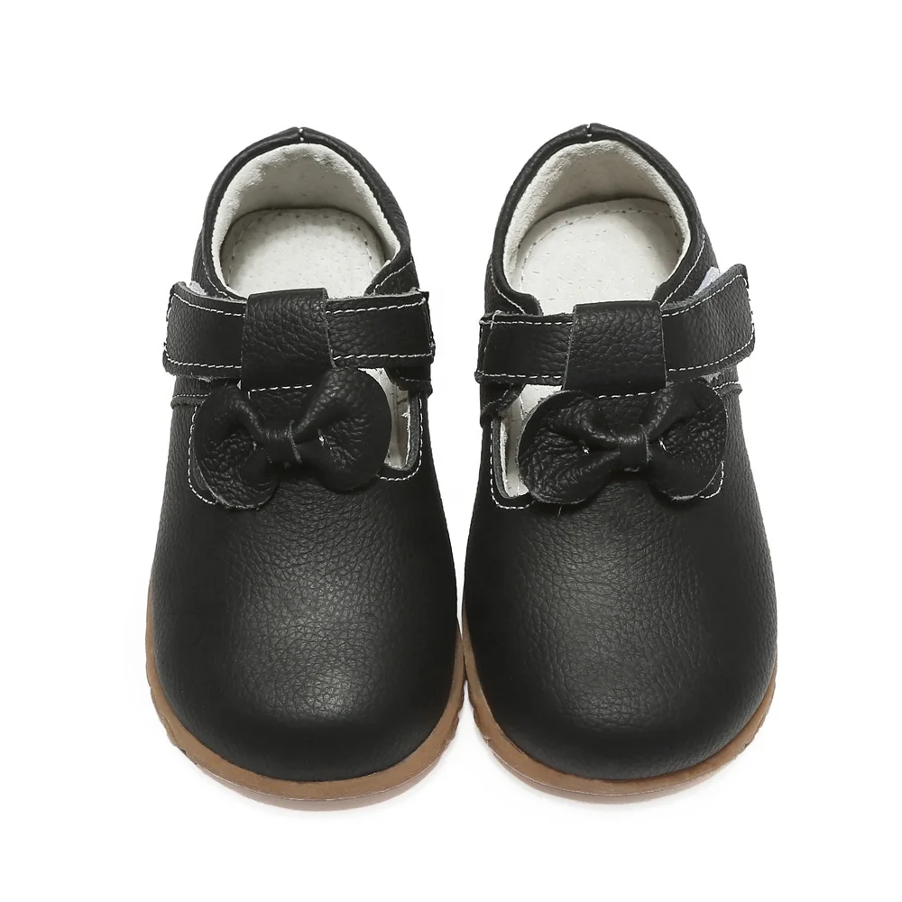 SandQ plain black  Genuine little  T-bar girls dress shoes with bow