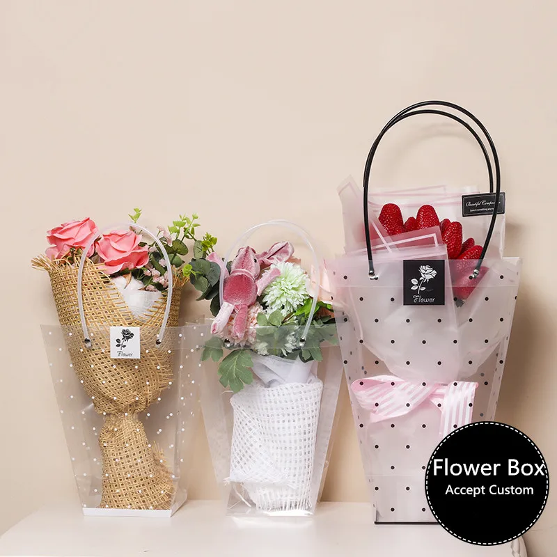 Custom luxury rose waterproof clear plastic transparent pp wedding gift bag flower vase with pvc handle for flower box packaging