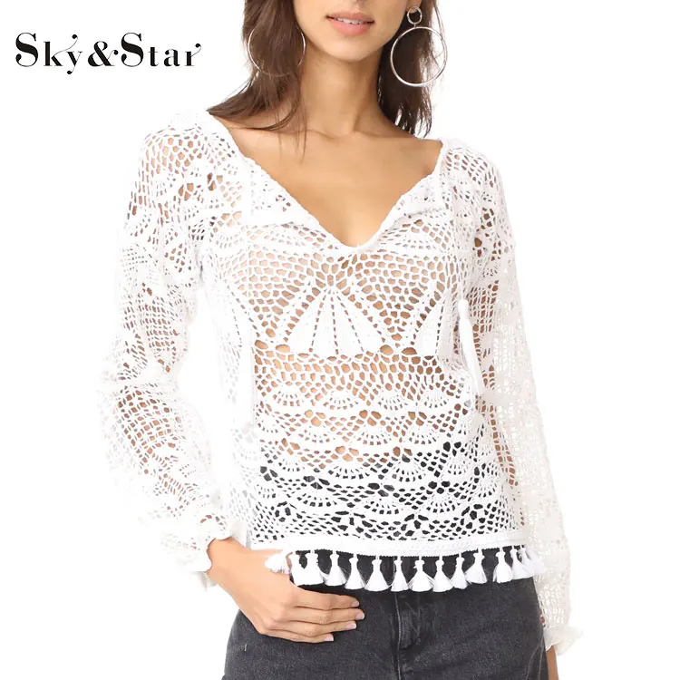 Stylish crocheted front polin back design long sleeve woman white lace net crochet blouse