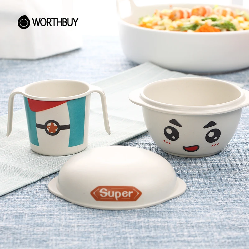 Cute Cartoon Bamboo Fiber Dinnerware Sets Eco-Friendly Kids Tableware Set Assembled Boy & Gril Cutlery School Picnic Set