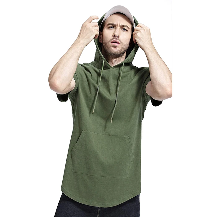 Hipster Hip Hop Elong Longline Hoodie Side Zipper Stretchy Short Sleeve Curved Hemline Gym Tshirt Hoodies