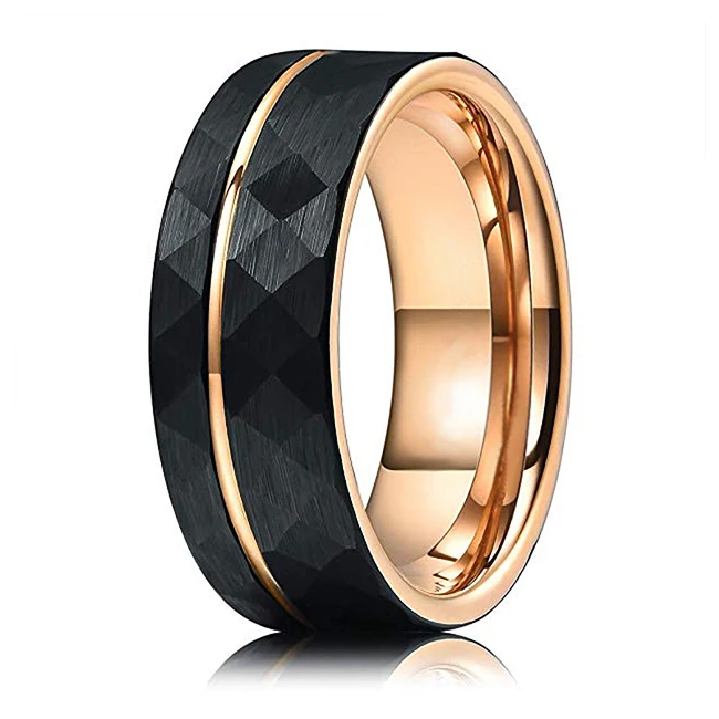 
Custom hammered rings tungsten carbide 8mm men gold engraved black rings 