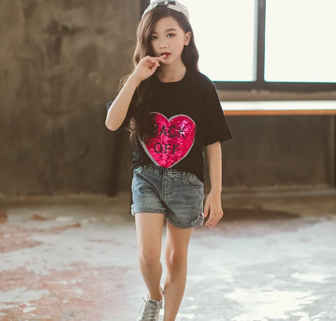 
YY10009G Hip-pop sequin front t shirt dancing clothes girls reversible sequin t-shirt 
