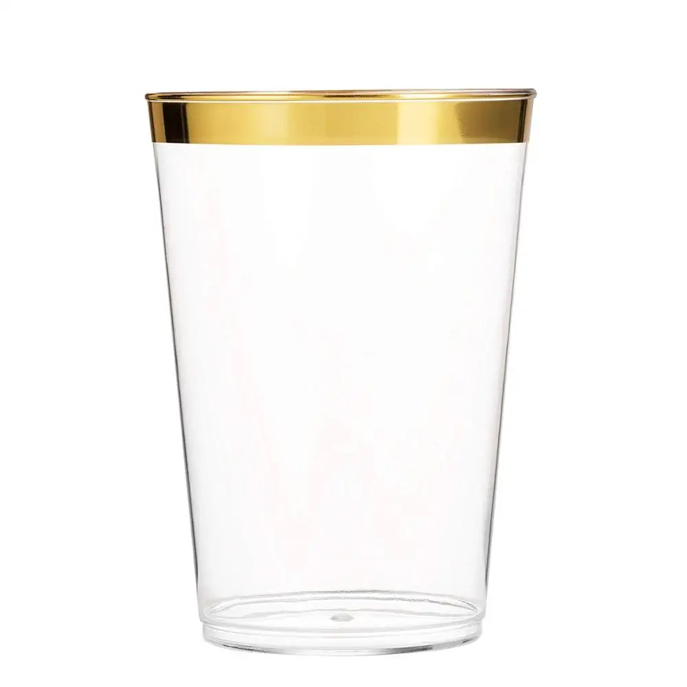 
100 Gold Plastic Cups 10 Oz Clear Plastic Tumblers Gold Rimmed Fancy Disposable Wedding Elegant Party with Gold Rim 
