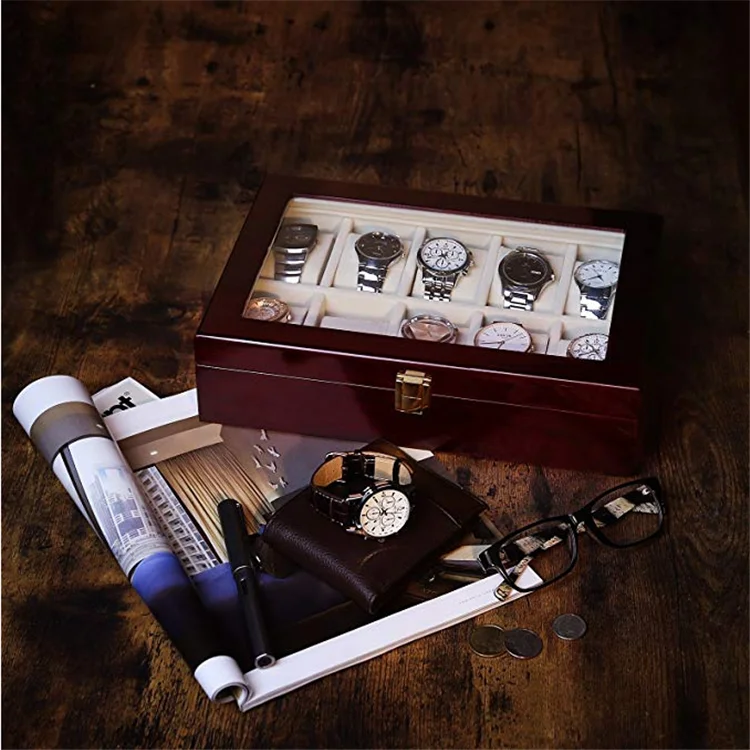 
Cherry Watch Display Case Storage Organizer Large Glass Top Boxes For Watches 