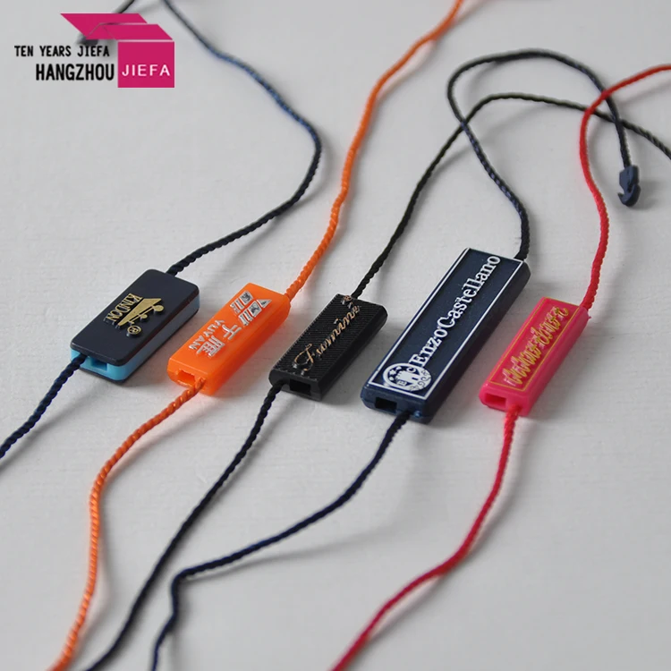 Low MOQ Suppliers Price Eco-Friendly Custom Brand Logo Ribbon Hang Plastic String Seal Tags for Clothing