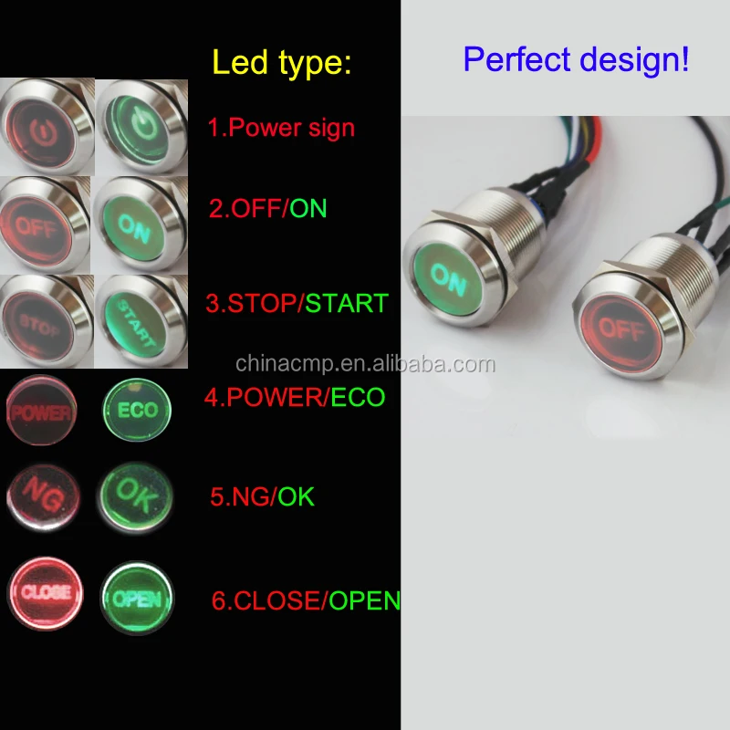 Customization Car Boat Power START STOP Button 12V 24V Green Red LED ,22mm Metal Latching Push Button Switch Waterproof IP67
