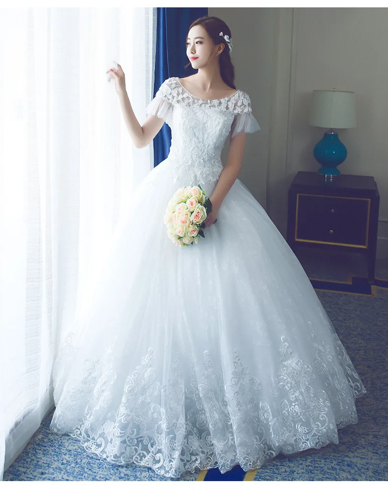
HQ139 Boat Neck Short Sleeves Fringe Brides Wedding Dress Ball Gown Lace Hem Long Wedding Dress 2019 