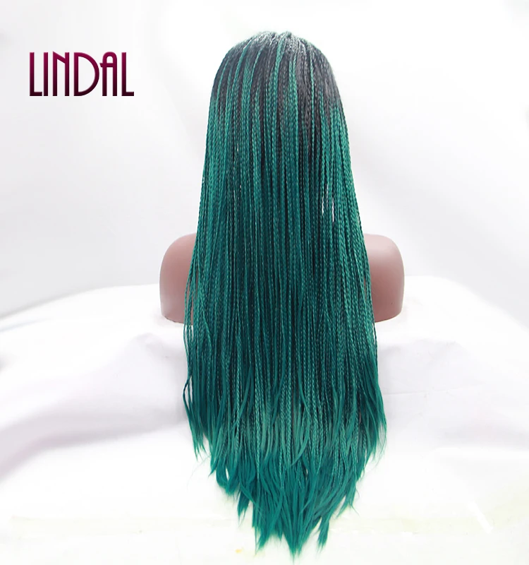 LINDAL synthetic heat resistant fiber dreadlocks ombre green braided wigs lace front wig fake scalp wig for women