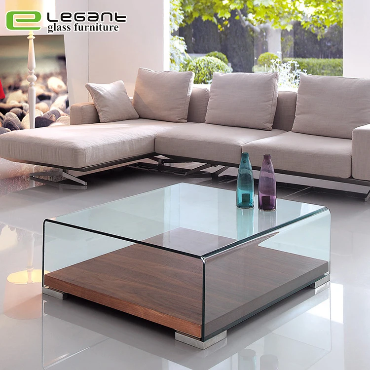 Simple Square Curved Glass Center Table with Mirror