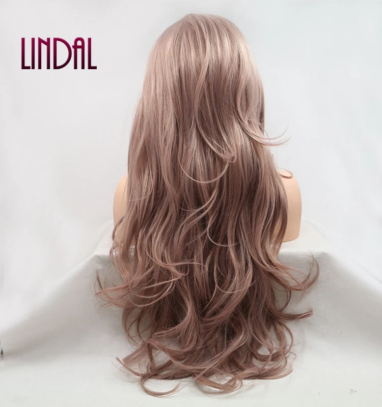 LINDAL Rose Gold Synthetic Lace Front Wig Long Wavy Natural Hairline Heat Resistant Fiber Hair Peach Pink Glueless Lace Wigs