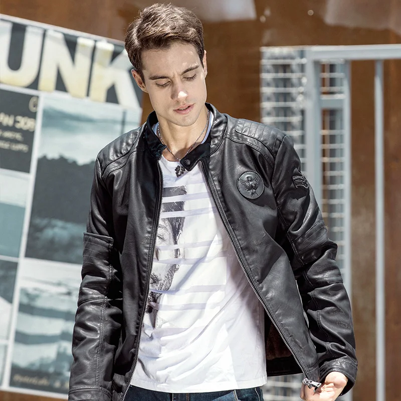 Men Slim Fit Black PU Leather Windbreaker Motorcycle Full Zip Up Track Jacket