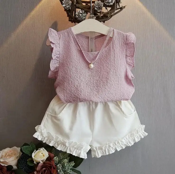 Hot selling girls baby suit summer solid color children air fly sleeves shorts two-piece suit