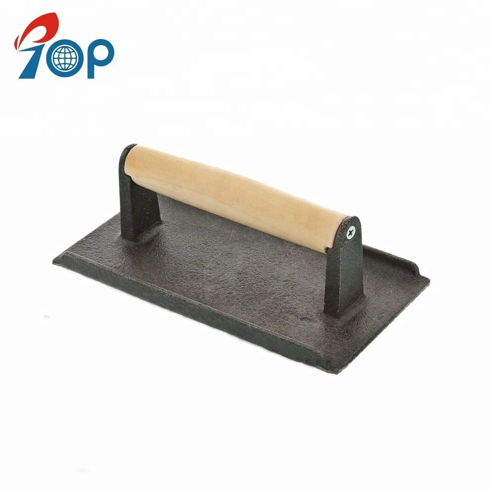 Cast iron steak weight & bacon meat burger grill press with wooden handle