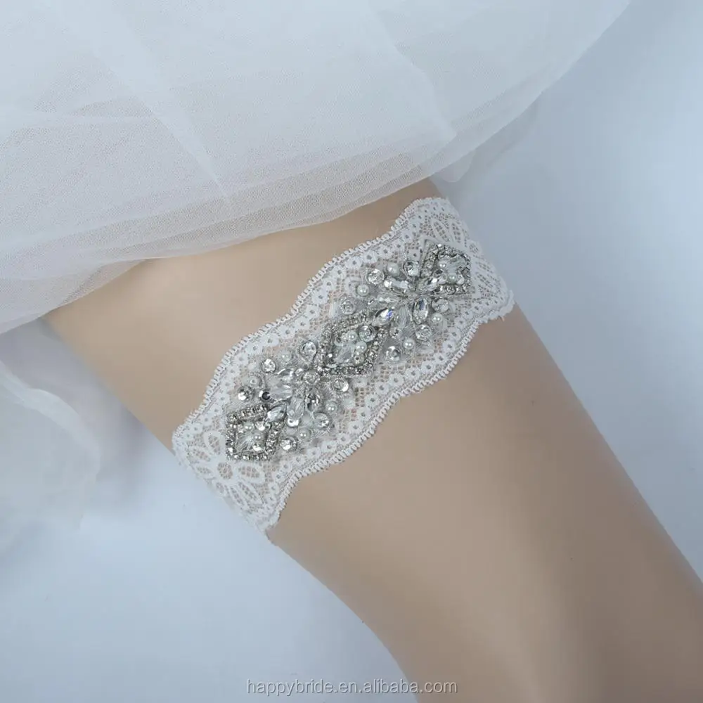 Lowosaiwor Factory Crystal Beaded Applique Sexy Lace Wedding Garter Set,Bridal Leg Garter Belt Handmade WG1004