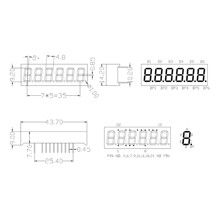 High quality 6 digit 7 segment 0.36 inch digital tube for advertising display or instrument display