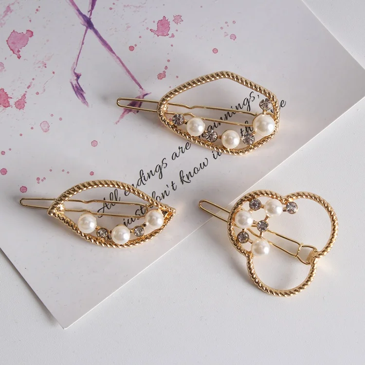 Europe and America metal hair pin fashion geometric pearl hair clip word hair clip headwear