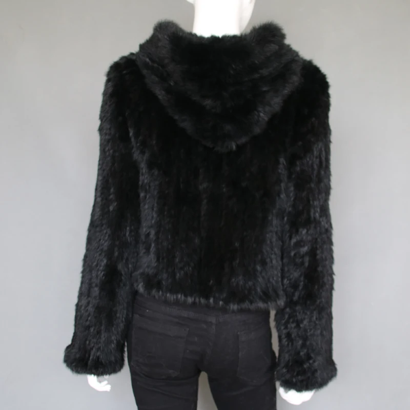 Wholesale hand knit real rabbit fur coat with hood fur style handmade rabbit fur jackets
