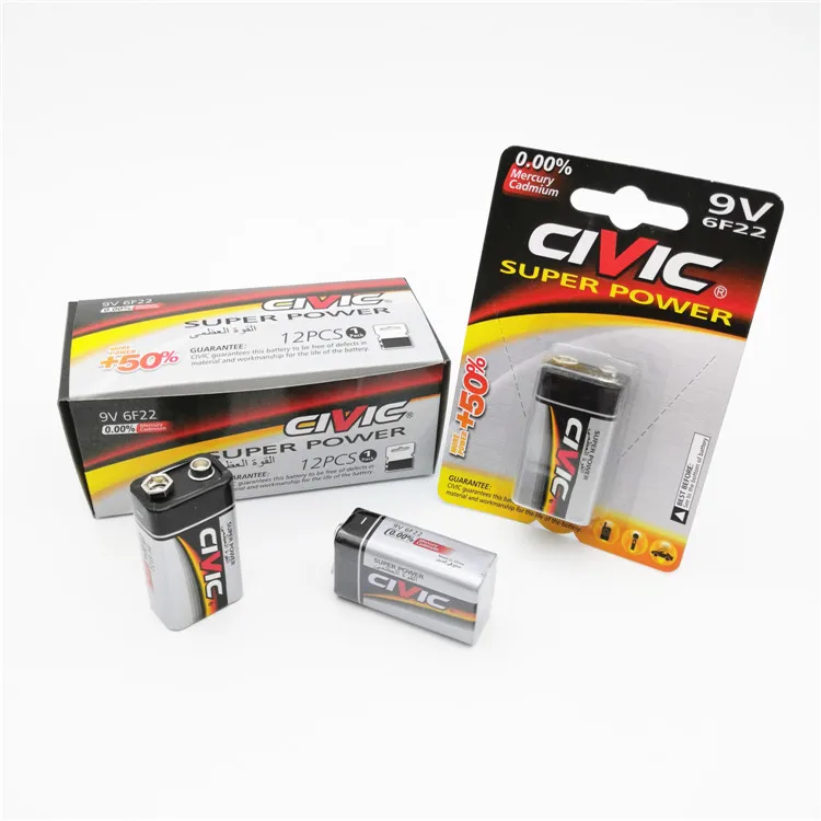 1.5V Civic 6f22 9 Volt Battery Zinc Carbon for Flashlight Shrink Pack 26 Hours