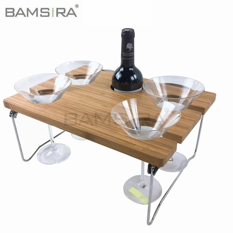Natural bamboo wine and snack folding beach table, foldable picnic table