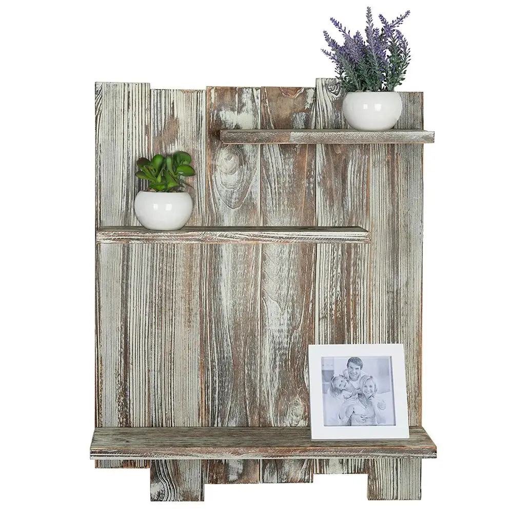Rustic Torched Wood Pallet-Style Wall Mounted 3-Tier Decorative Display Shelf