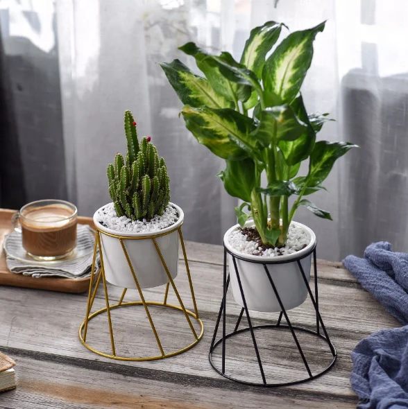 
Northern Europe style iron stand white ceramic succulents pot flower pot 