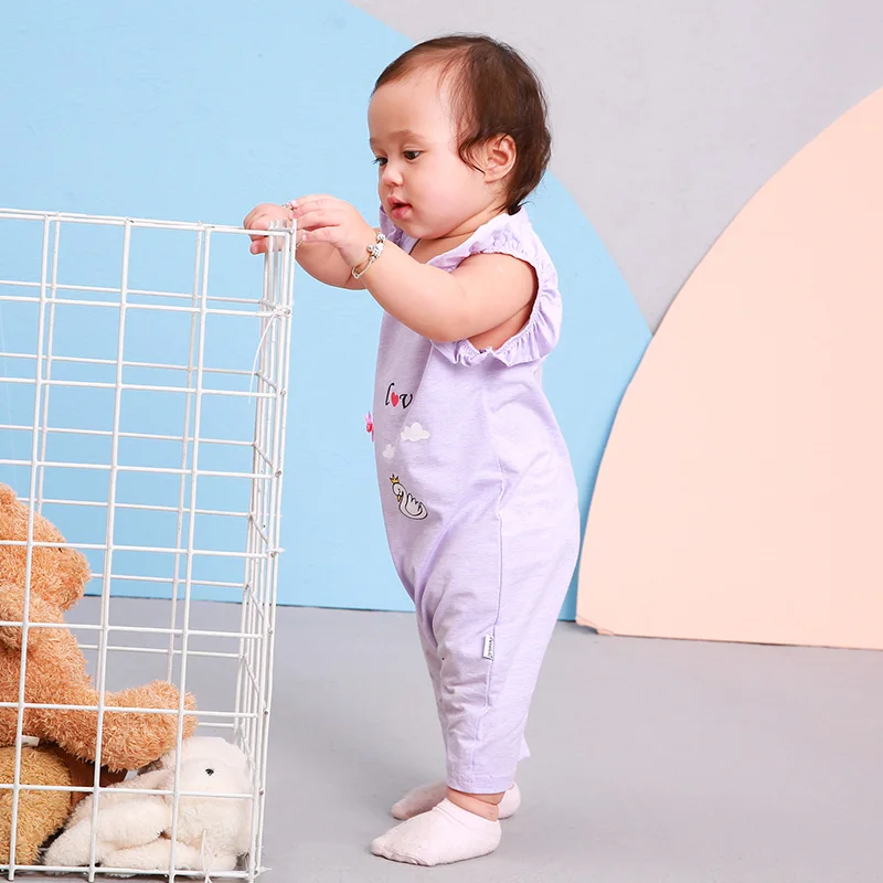 Purple girls garment with ruffles sleeve lovely swan pattern baby clothes