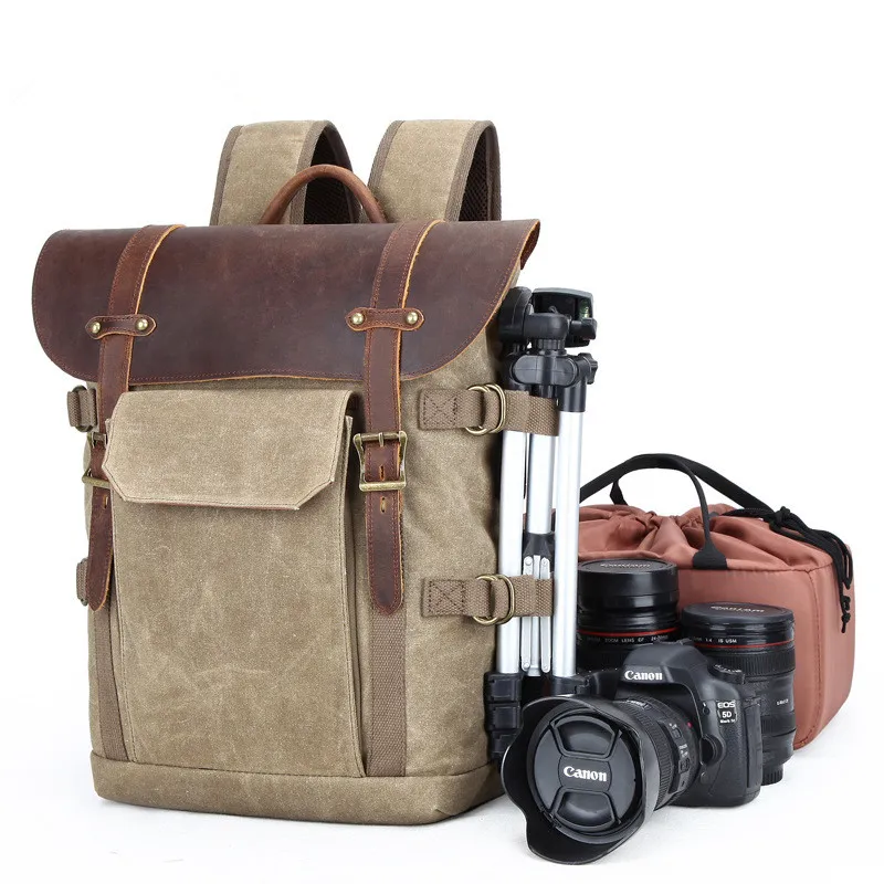 Vintage  Multifunction Canvas With  Leather Rucksack Photography Backpack Bag