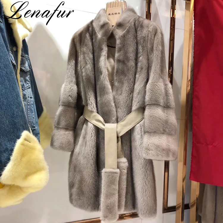 China Factory Wholesale Women Winter Grey Natural Long Luxury High Quality Imported Full Real Mink Fur Jacket Coat with Belt