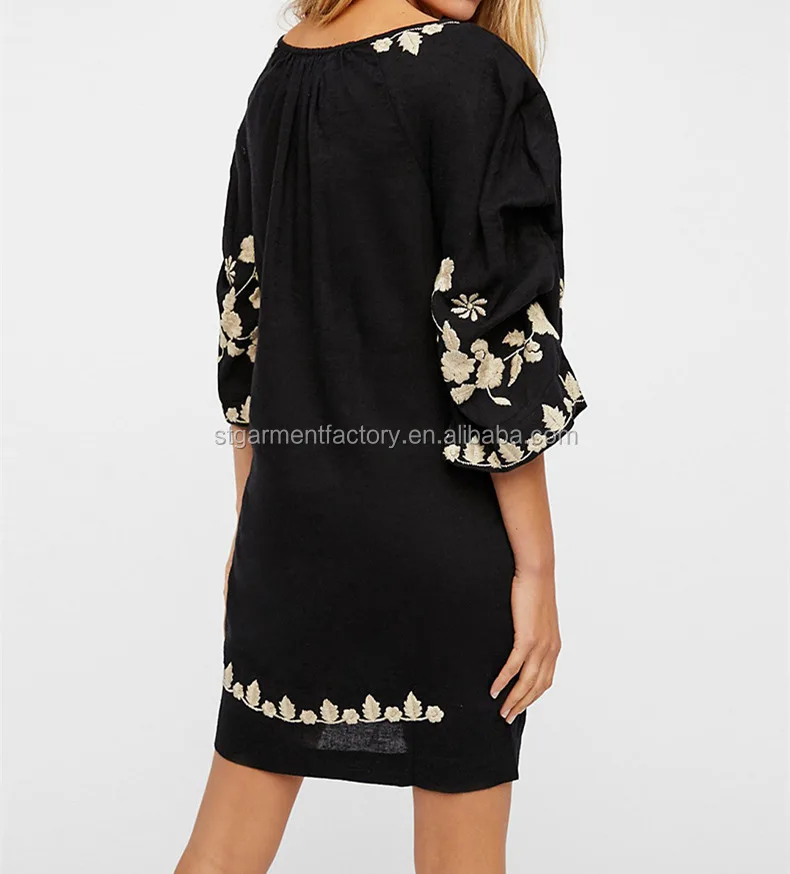 Floral Embroidery Dress Women Casual Skirt Loose Plus Size Ladies Clothes Girls Party Dresses Stb-0543 Mexico Round Neck Female
