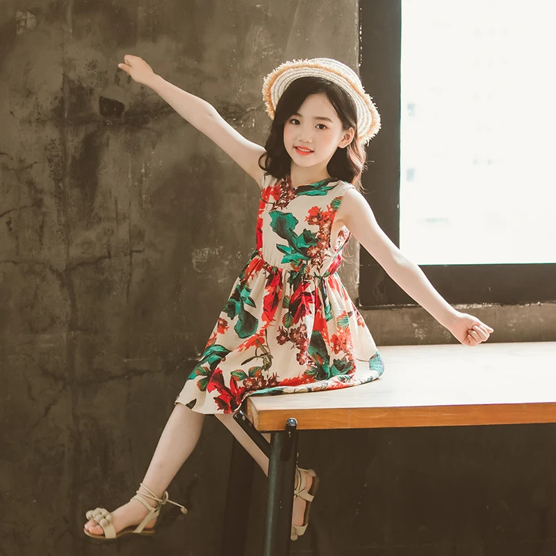 
Boutique lovely flower printed sleeveless summer girls party dresses children outfit kid wear 