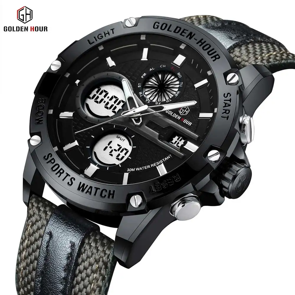 
GOLDEN HOUR Waterproof Big Dial Watch For Men Luxury Brand LED Military Fashion Best Digital Waterproof Sport Watch for man 