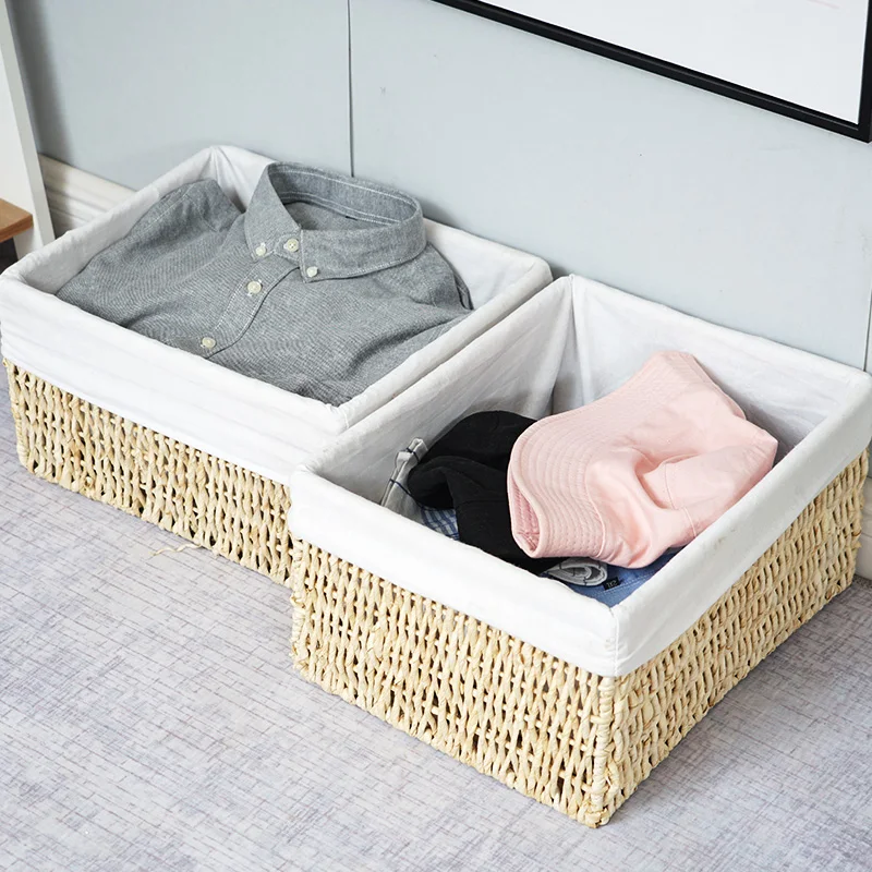 Eco-friendly Rectangle Bread Fruit Hand-woven Box of Food Chips Storage Basket Wooden Storage Basket with Fabric Lining