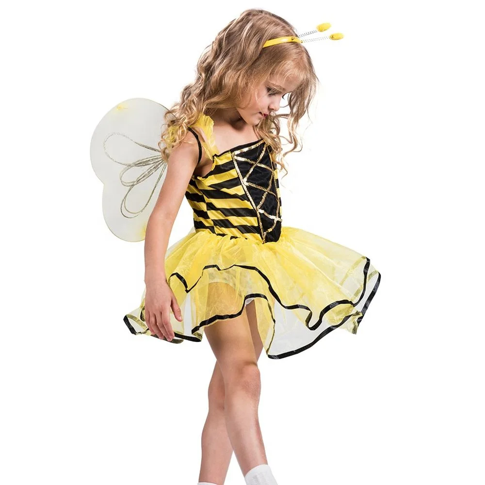 Drop shipping chidren Halloween carnival costume kids child Sweet Bee cosplay dress with headpiece wings girls