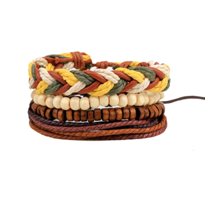 Wooden Beads Hemp Rope Leather Mixed Multilayer Bracelets Bangles,Adjustable Stretchable Leather Braid Bracelets