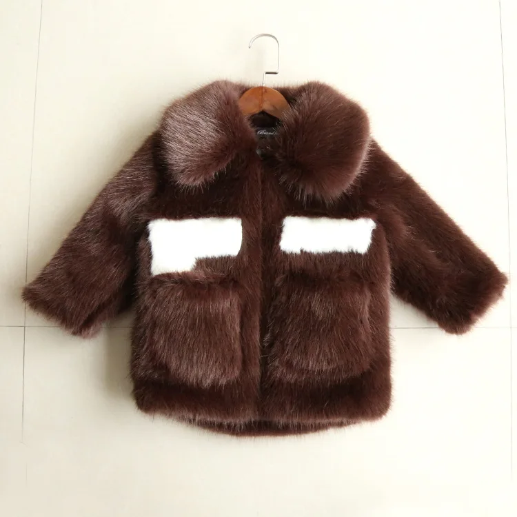 Hooded Faux Mink  Fur Girl Children Kids Winter Trench Coat With Solid Color High Quality