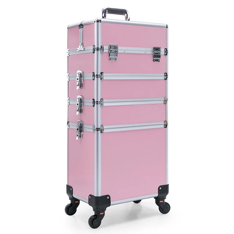 4in1 I Aluminum Cosmetic Makeup Suitcase Train Box Trolley Rolling Makeup Case with 360 Degree Wheels