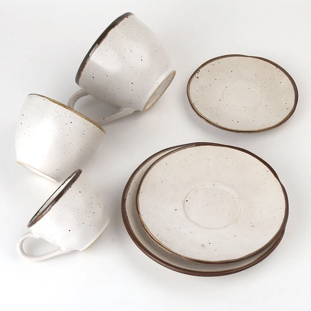 250ml 8.8oz Rustic Antique Old Retro Style Ceramic Stoneware Coffee Tea Cups and Saucers Sets
