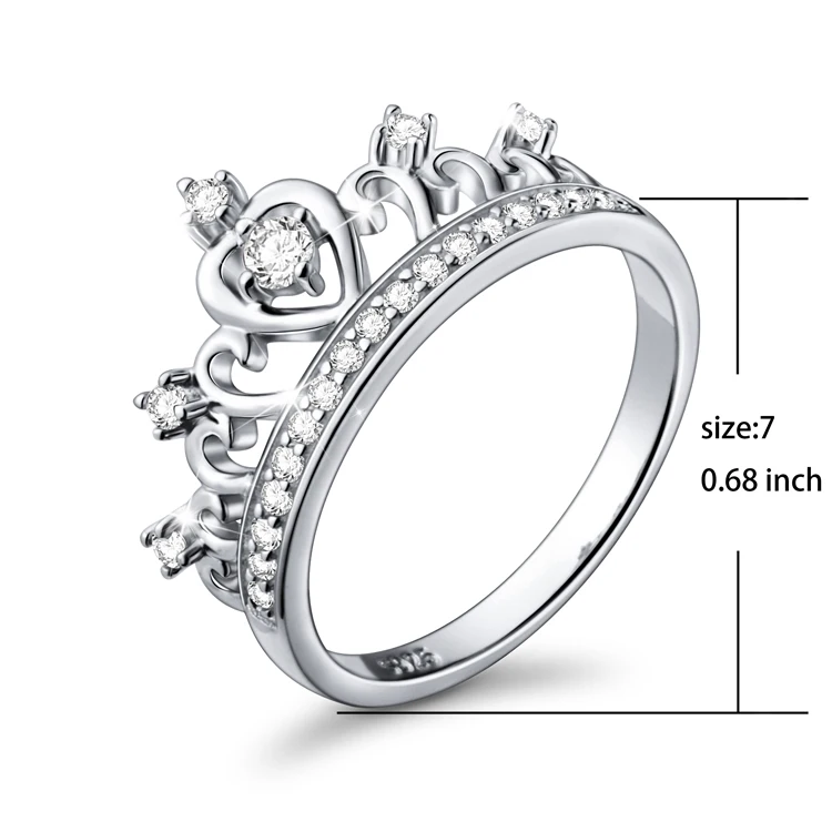 Korean Style Luxury 925 Sterling Silver Princess Heart Crown Tiara CZ stone Ring