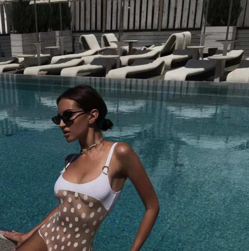 2019 Transparent Bikini One Piece Swimsuit Wave Point Mesh Swim Suit Sexy