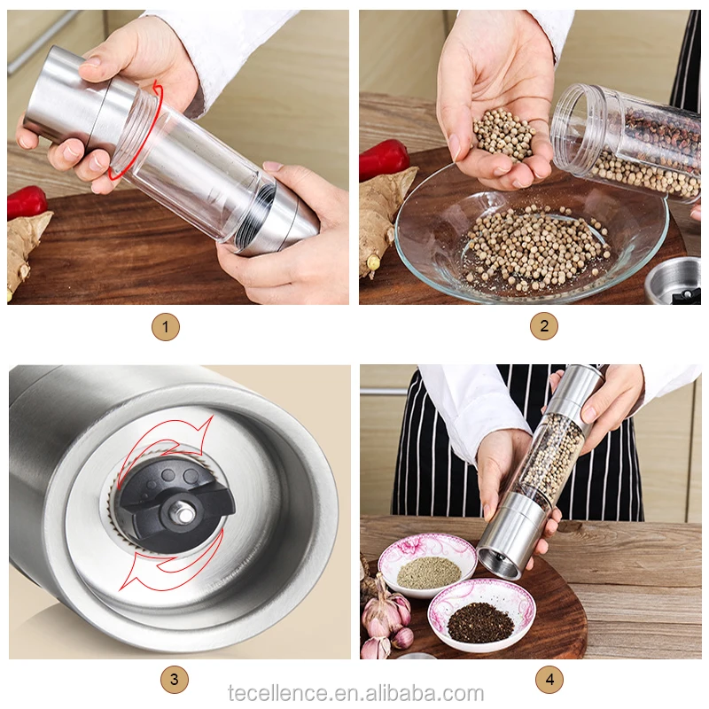 Professional Food Grade Stainless Steel Ceramic Salt and Pepper Shakers Mills Hand Salt Grinder Bottles Transparent