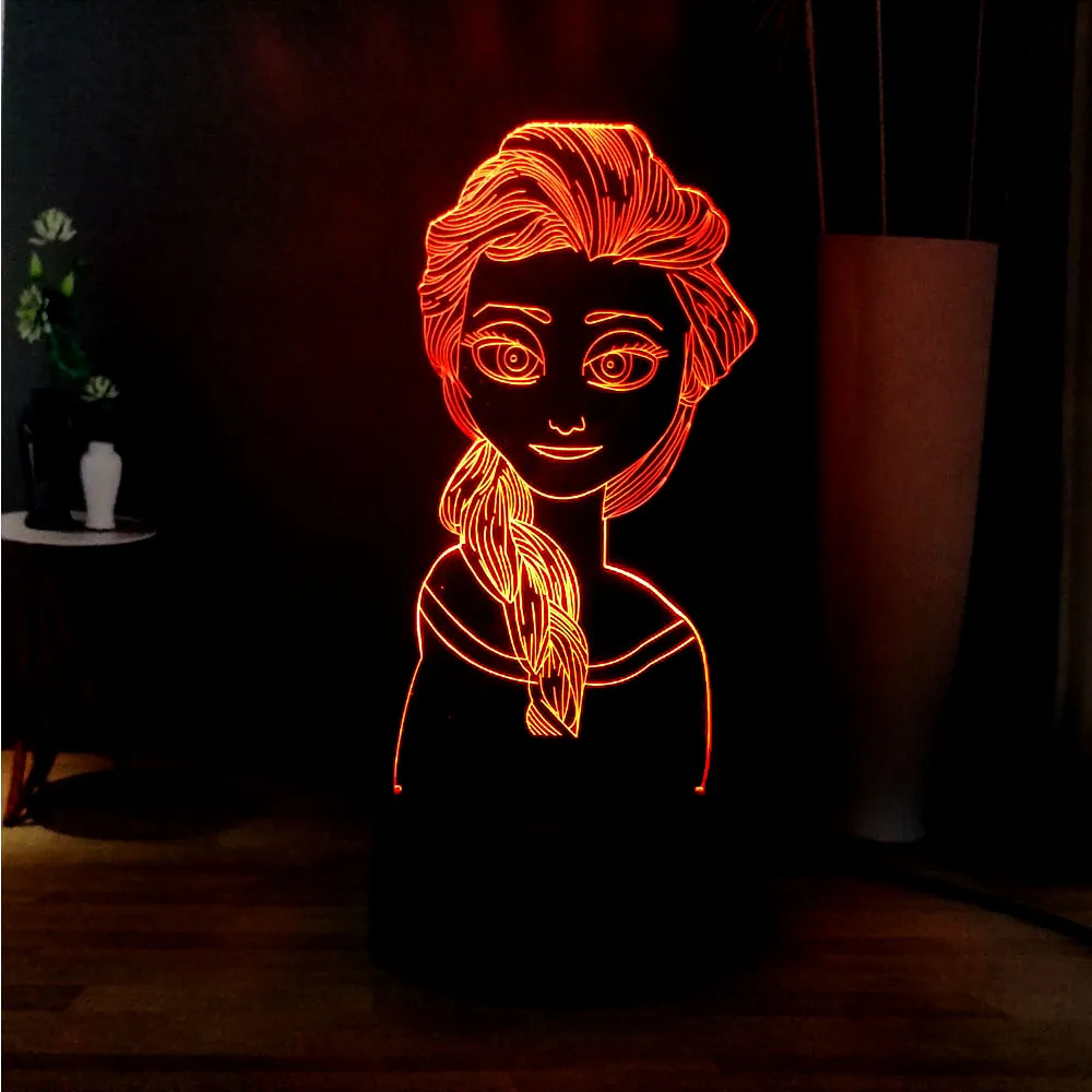 3D Night Light Cute Cartoon Elsa Princess Girl Head RGB 3 Color Change Atmosphere Bedside Light Kids Girl Gift Free Shipping