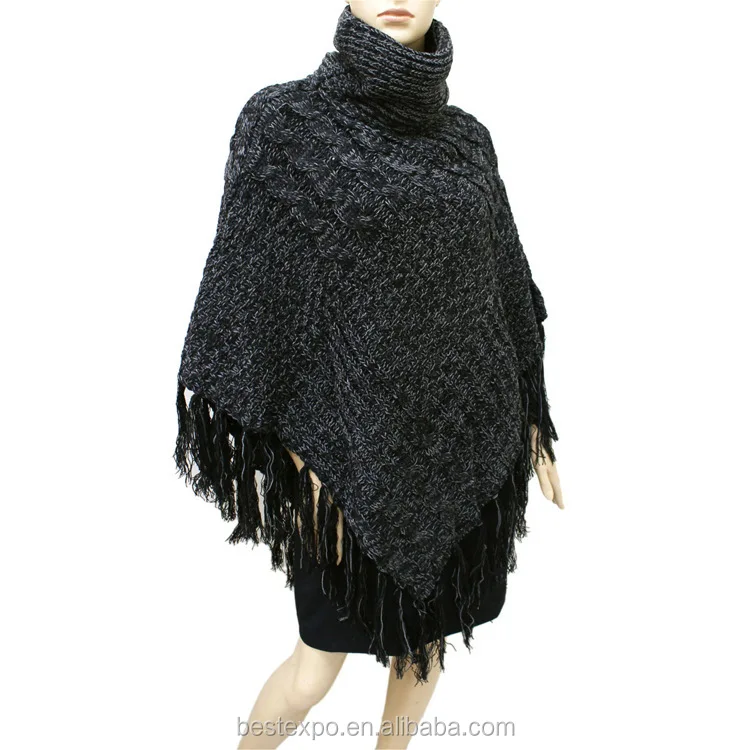
wholesale winter knitted poncho with fringe choker cashmere pullover sweater women wool cloak 