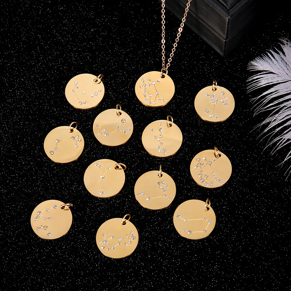 Longway Zodiac Necklace 12 signs Stainless Steel Gold Disc Pendant Necklaces For Birthday