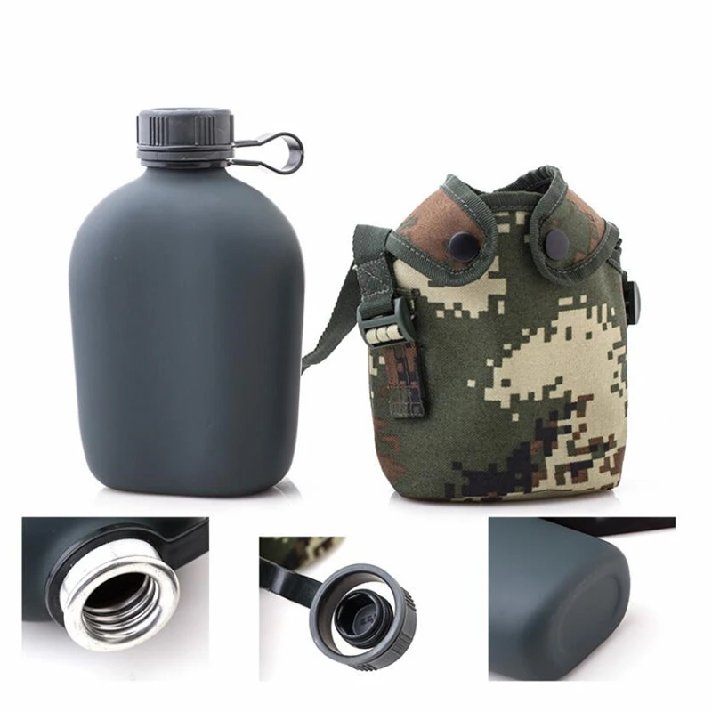 1L Stainless Steel Kettle Tactical Canteen Bottle With Pouch for outdoor