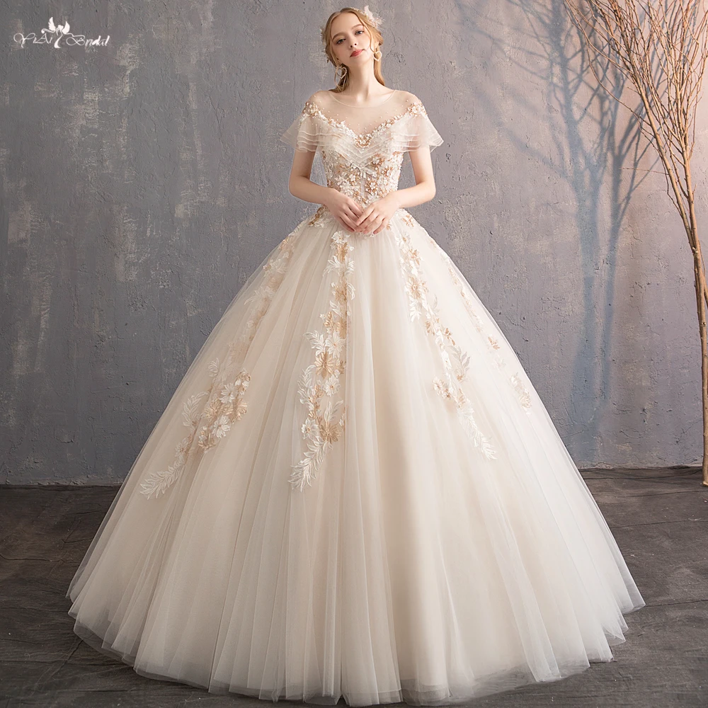 RSW547 Ruffle Ball Gown Wedding Dress Patterns Champagne Floor Length China Cheap Wedding Dresses